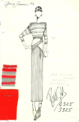 Drawing of Striped Jumper and Skirt with Fabric Swatches for Spring/Summer 1974 Collection