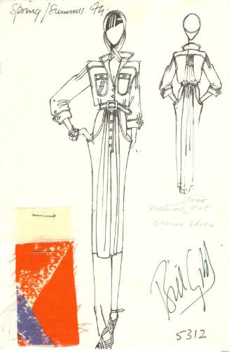 Drawing of Belted Dress with Fabric Swatches for Spring/Summer 1974 Collection