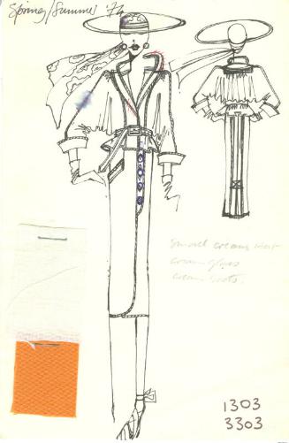 Drawing of Belted Jacket and Skirt with Fabric Swatches for Spring/Summer 1974 Collection