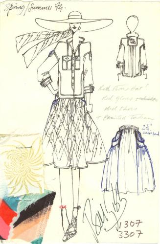 Drawing of Jacket and Skirt with Fabric Swatches for Spring/Summer 1974 Collection