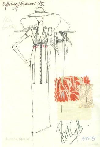 Drawing of Liberty Print Scarf Dress with Fabric Swatches for Spring/Summer 1975 Collection