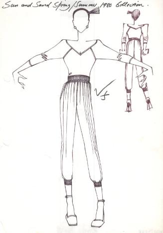 Drawing of Long Sleeved V-Neck T-Shirt Top with Calf-Length