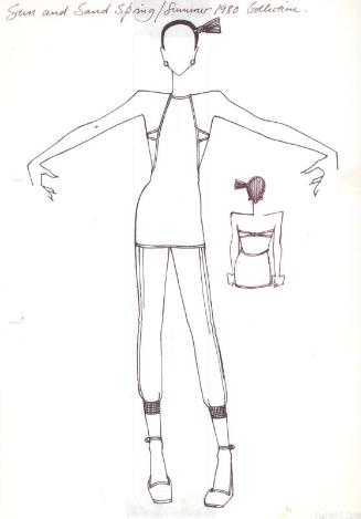 Drawing of Long Sleeveless Backless Top and Calf-Length Trousers