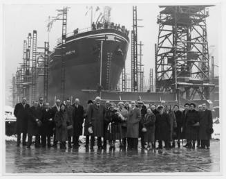 Black and white photograph Showing Launch Of The Collier 'lambeth' Built At Hall Russell, 1958