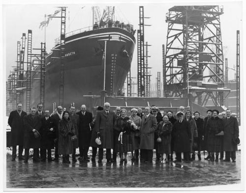 Black and white photograph Showing Launch Of The Collier 'lambeth' Built At Hall Russell, 1958