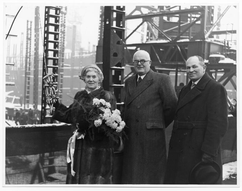 Black and white photograph Showing Launch Of The Collier 'lambeth' Built At Hall Russell, 1958