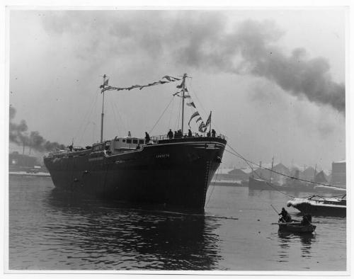 Black and white photograph Showing Launch Of The Collier 'lambeth' Built At Hall Russell, 1958