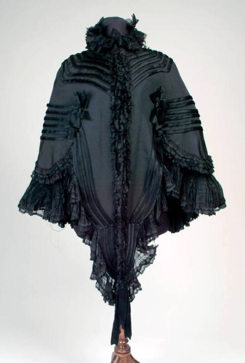 Black Corded Silk Cape with Crepe Frill