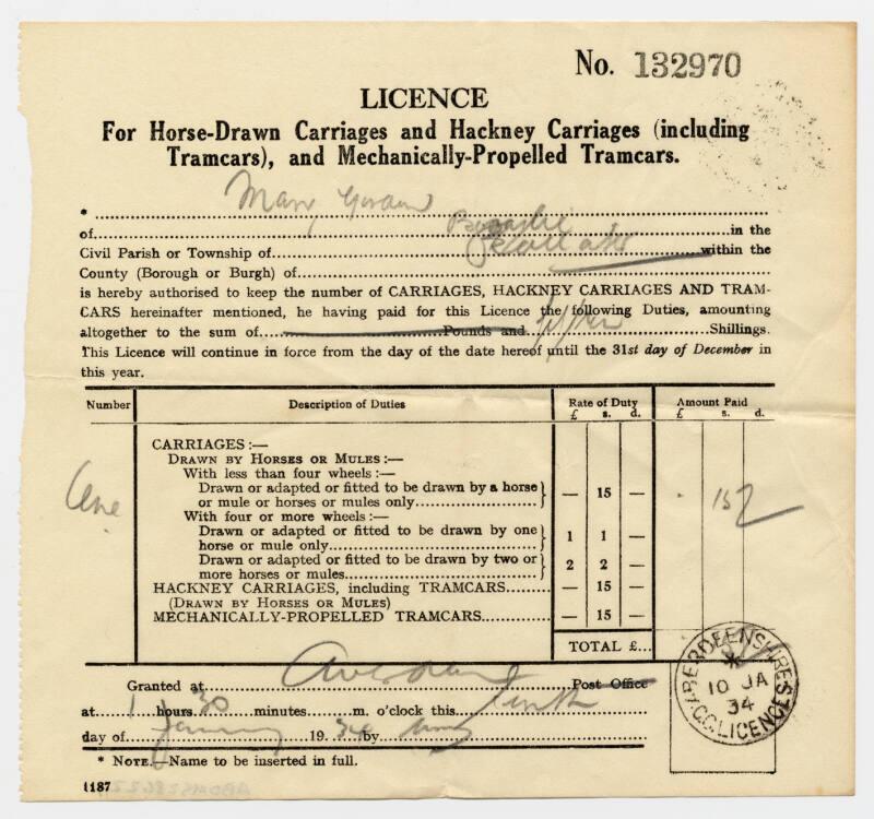 Licence For Horse Drawn Vehicle