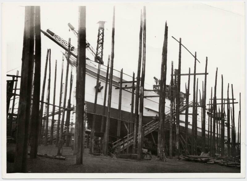 Black and white photograph showing the St Sunniva (II) on the stocks, possibly undergoing some …