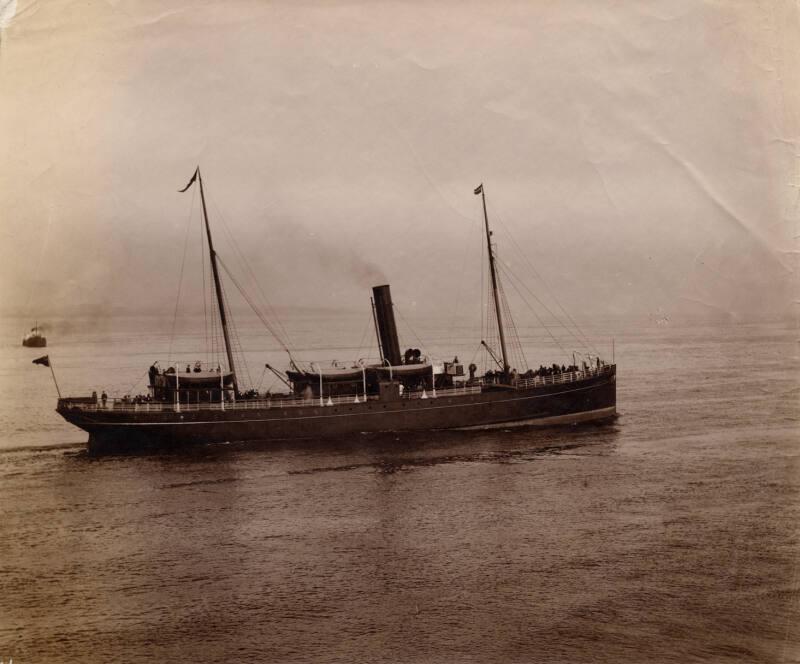 Black and white photograph showing St Ninian at sea, starboard side visible