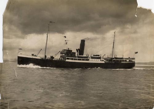 Black and white photograph showing St Magnus at sea off Aberdeen, probably during trials