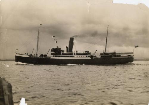 Black and white photograph showing St Magnus at sea off Aberdeen, probably during trials