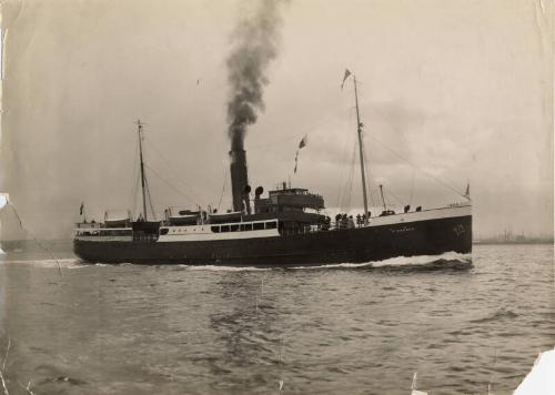 Black and white photograph showing St Magnus at sea off Aberdeen, probably during trials
