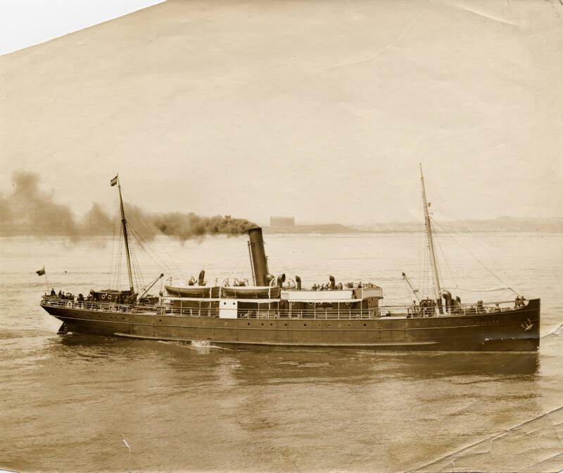 Black and white photograph showing St Giles at sea, starboard side visible