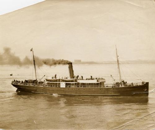 Black and white photograph showing St Giles at sea, starboard side visible