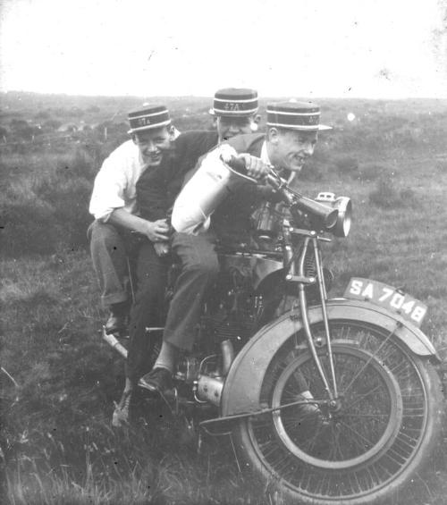 Three Boys Brigade Sergeants on Mororcycle at Boys Brigade Camp at Torphins 