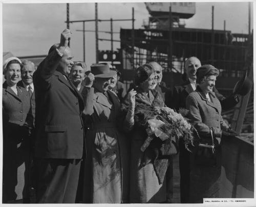 Guests at the launch of the cargo vessel Abel Tasman built by Hall Russell in 1957