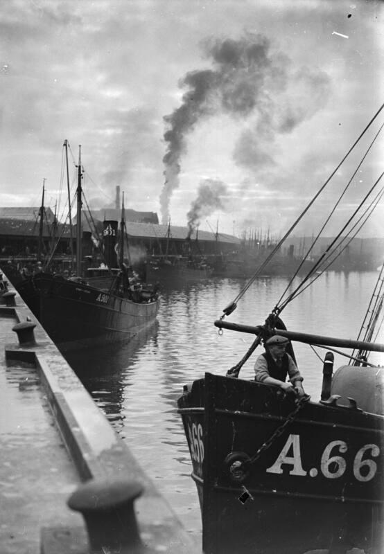 glass plate negative with a view of trawlers in Aberdeen Harbour