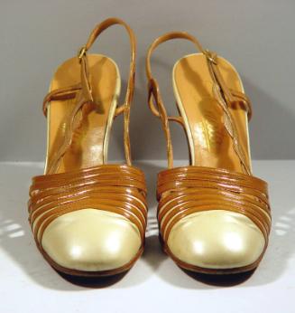 Ladies beige & cream leather sling back shoes with stacked tapering heels