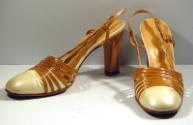 Ladies beige & cream leather sling back shoes with stacked tapering heels