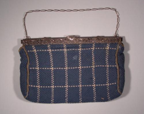 Blue woollen woven bag with white cross-hatching