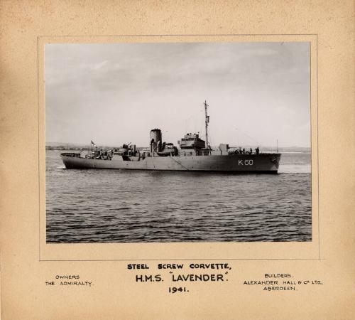 Black and white photograph showing the Corvette HMS Lavender built by Alex Hall In 1941