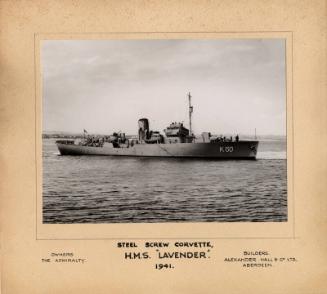 Black and white photograph showing the Corvette HMS Lavender built by Alex Hall In 1941