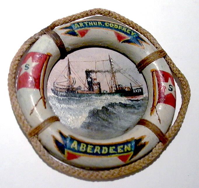 small oil painting in lifebelt showing the Aberdeen trawler Arthur Godfrey