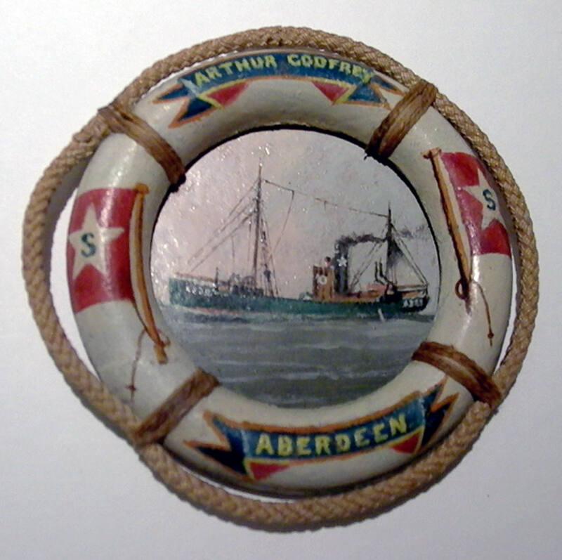 small oil painting in lifebelt showing the Aberdeen trawler Arthur Godfrey