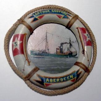 small oil painting in lifebelt showing the Aberdeen trawler Arthur Godfrey