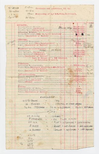 Typed and handwritten note on film processing