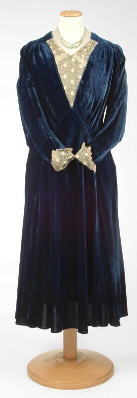 Blue Velvet Dress with Lace Trim