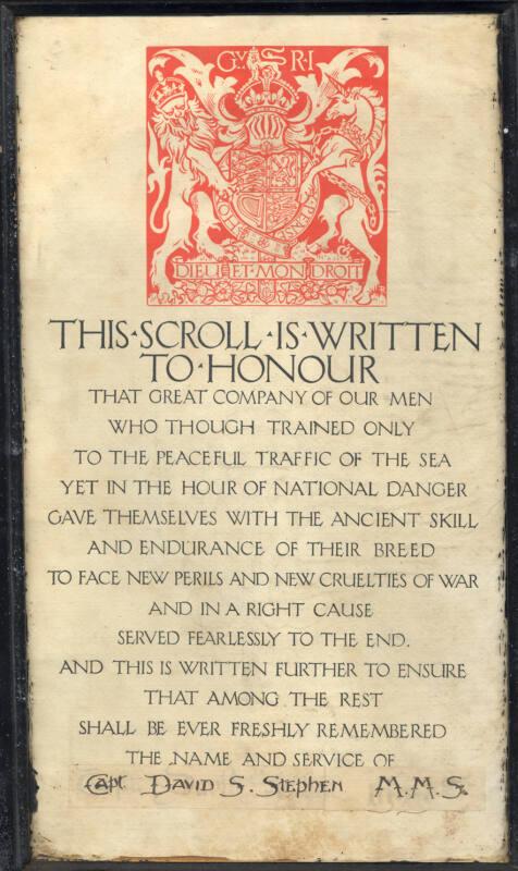 Framed Scroll in honour of Captain David S Stephen MMS