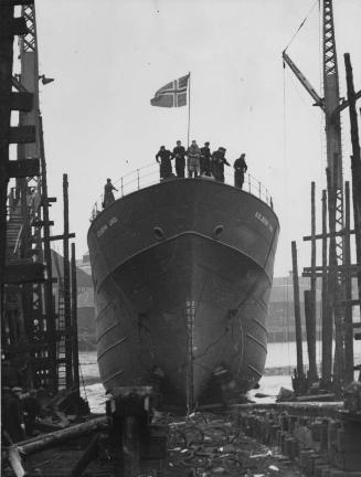 Black and white photograph showing the launch of Kolbenn Ungi (later Austfirdingur) at the John…