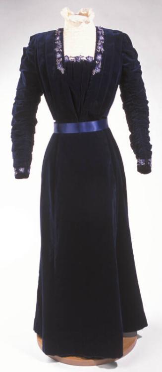 Deep Navy Blue Velvet Dress with Embroidered Detail