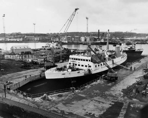 Black and white Photograph showing St Ola in dry dock