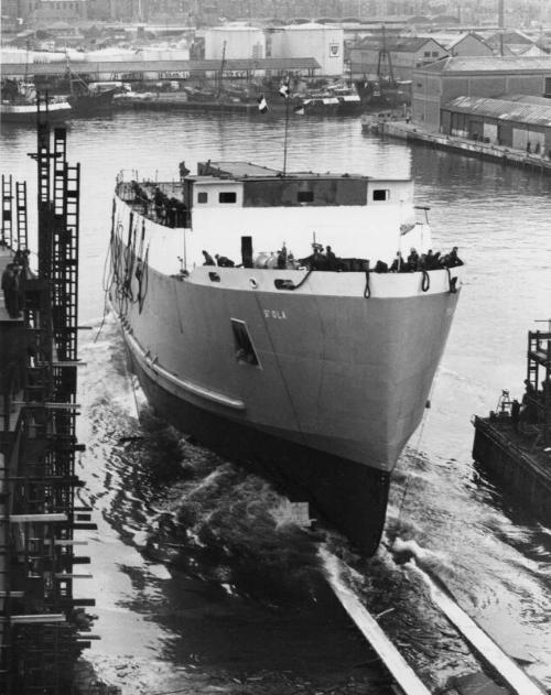 Black and white Photograph showing launch of St Ola at Hall Russell in 1974