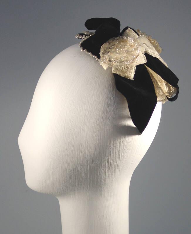 White Net Lace Skull Cap with Balck Velvet and Pearl Trim