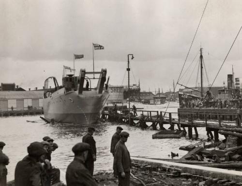 Photograph in album showing John Lewis built vessel, possibly boom defence vessel Barfair or Ba…