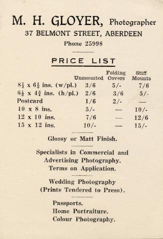 Photographer's Price List