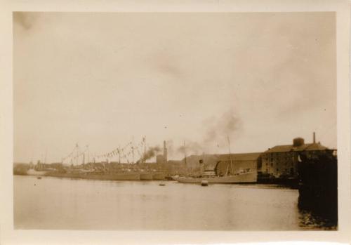 First minesweeping flotilla at Aberdeen harbour, HMT Boyne just berthing