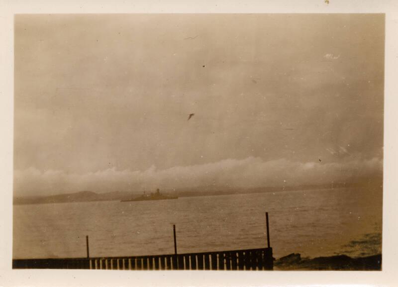 HMS Hood at South Queensferry, looking north, Forth Bridge on left.