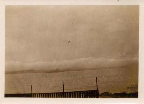 HMS Hood at South Queensferry, looking north, Forth Bridge on left.