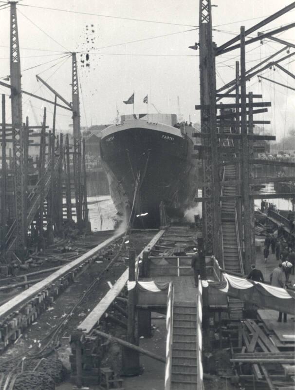 Black and white photograph showing the launch of Fairtry