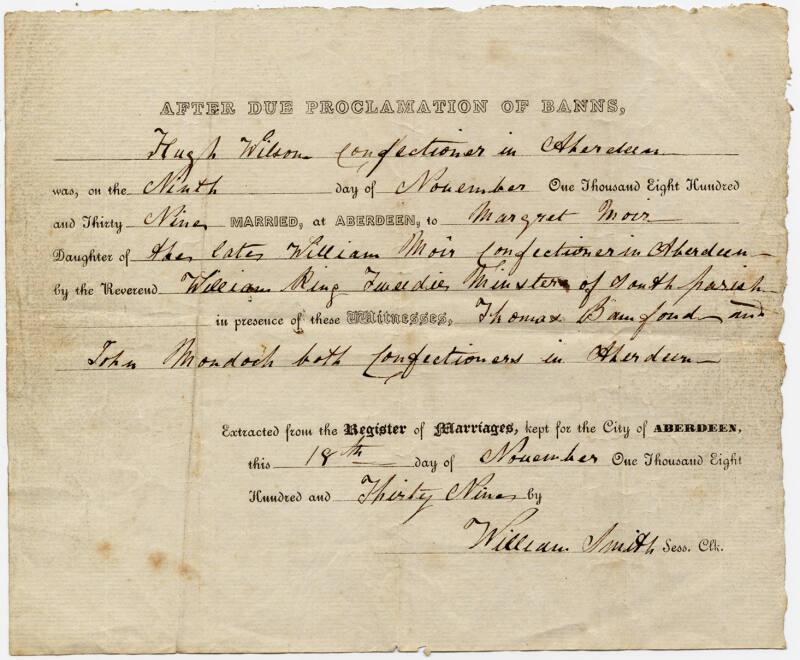 Marriage Certificate for Hugh Wilson and Margaret Moir