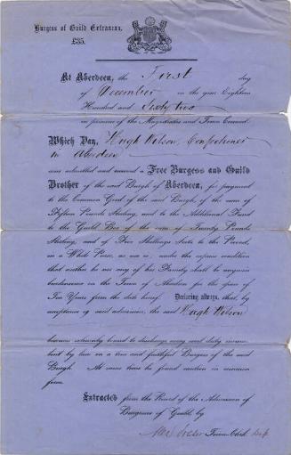 Burgess of Guild Diploma for Hugh Wilson