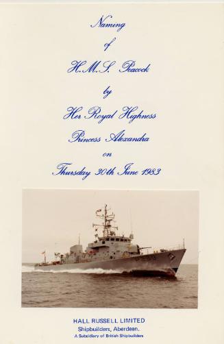 Menu card and guest list for the launch of HMS Peacock At Hall Russell 30/6/1983