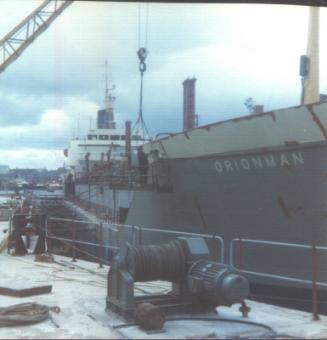 Colour Photograph showing the Chemical Tanker 'Orionman' in drydock at the Hall Russell Shipyard, 1975