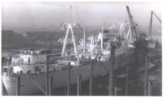 Black and white photograph showing the Cargo Vessel 'Bow Santos' Built At Hall Russell,  launch…